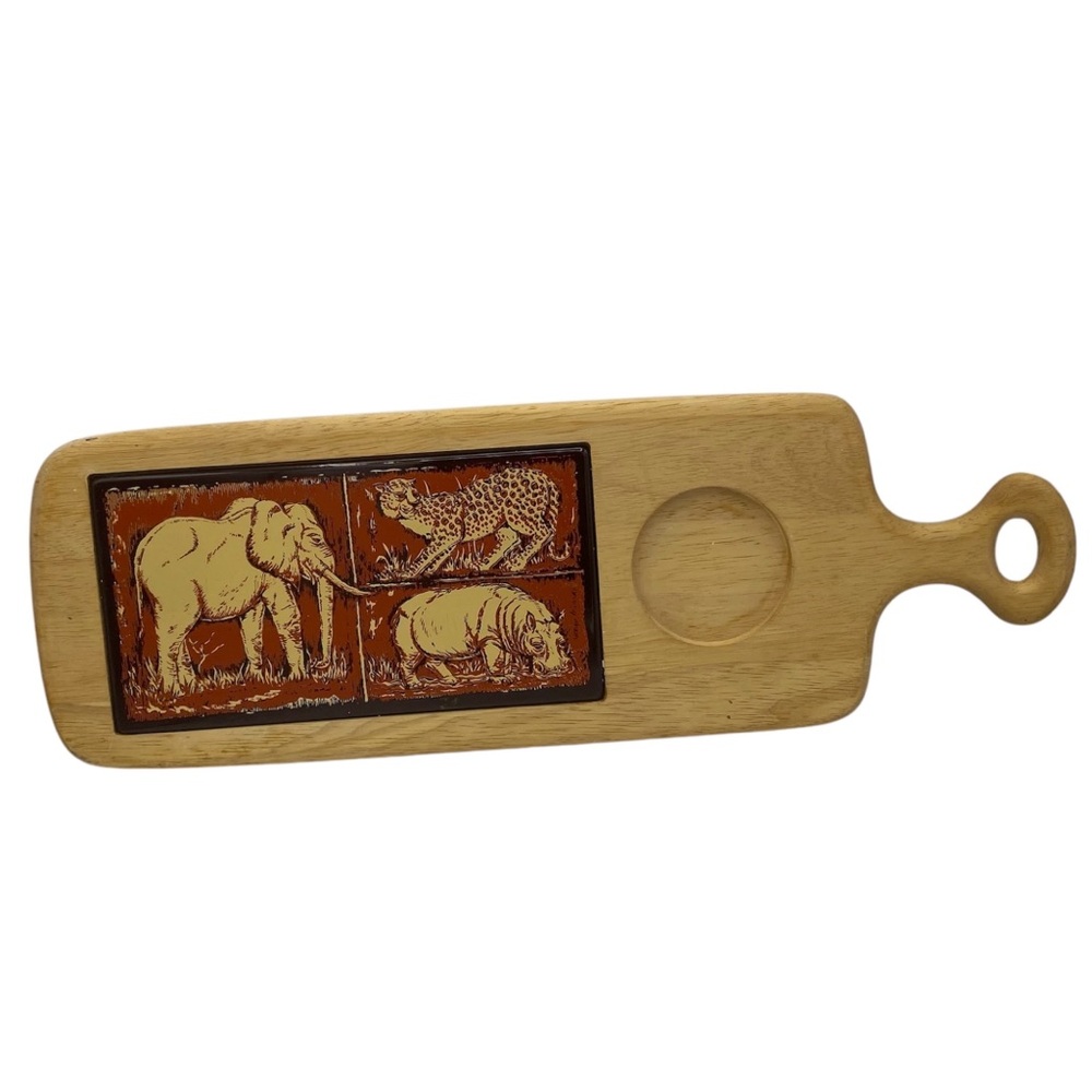 Simplicity Georges Briard Wood Cheese Board Hippo Elephant Tile Vtg 20 In Wear